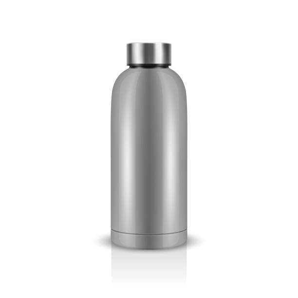 istock Vector Realistic 3D Steel Blank Glossy Reusable Water Bottle with Silver Bung Closeup Isolated. Design Template of Packaging Mockup. Front View 2170689156