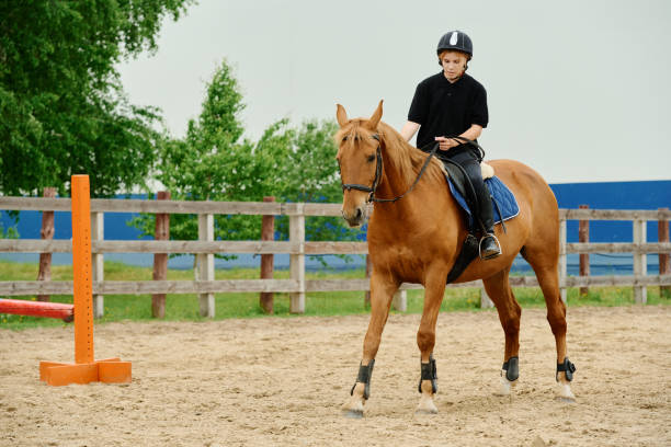 Young Rider Practicing Horseback Riding in Equestrian Arena
