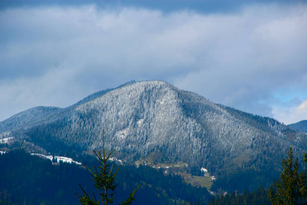 Mountain landscape with snowy peak in summer. Mountain panorama with forest and snowy peaks. snow-covered mountains cloudy sky. Cloudy weather in the mountains. Dark clouds over a snowy mountain