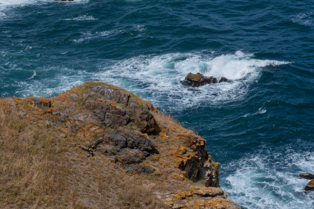 Waves crashing into rocks in the ocean.