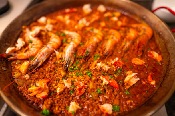 istock Traditional spanish seafood paella with prawns (gambas) 2170721746