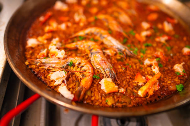 istock Traditional spanish seafood paella with prawns (gambas) 2170721749