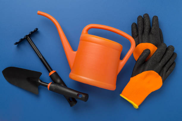 istock Orange gardening tools on color background, top view 2170725462