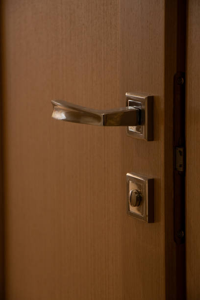 Brown interior door and door handle in apartment close-up