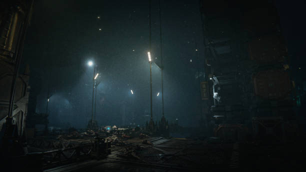 Dark Industrial Warehouse with Futuristic Lighting