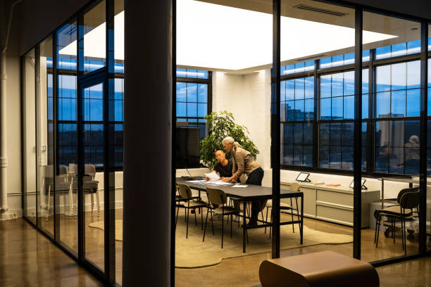 istock Mature female manager and young man in modern office, working overtime 2170747800