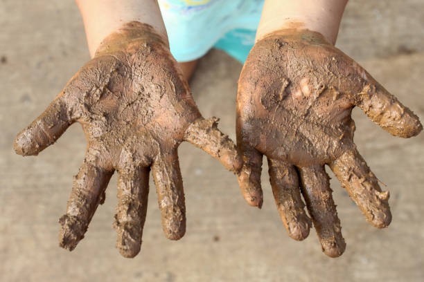 istock Mud covered hands of a child.  Children playing in mud 2170749261
