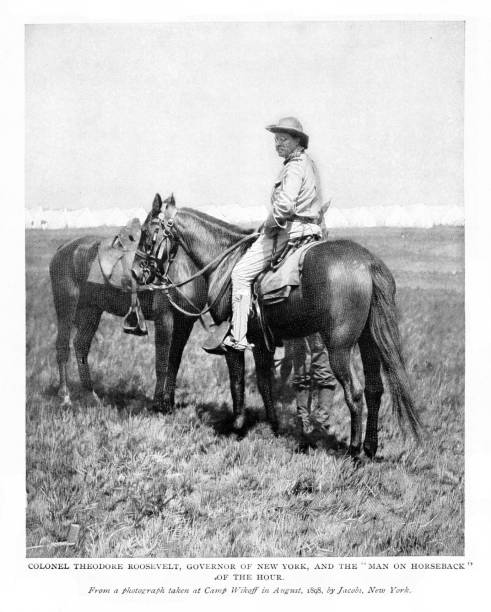 Theodore Roosevelt Horseback while Governor of New York, 19th Century American History A Rough Rider, Theodore Roosevelt riding a horse, 26th U.S. President. Photograph published 1899. Original edition is in my archives. Copyright expired and in Public Domain. theodore roosevelt us president stock illustrations