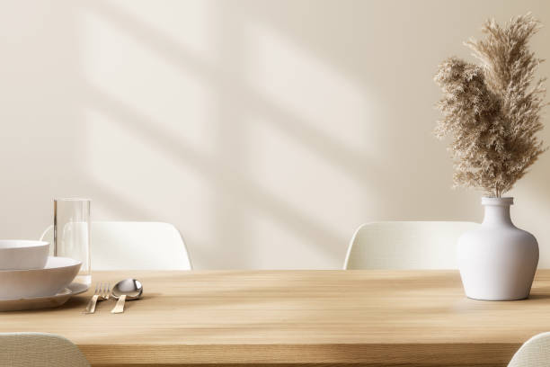 Close up view of minimal style modern contemporary dining room interior with empty area for copy space 3d render