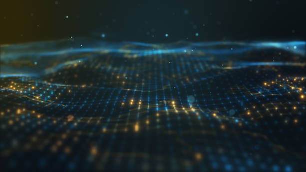 istock Futuristic flying over 3D blue glowing connecting dot digital landscape background. 2170764018