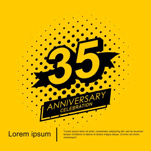 35th years anniversary celebration emblem. black logo isolated with ribbon on yellow background. vector illustration template design for web, flyers, poster, greeting card and invitation card