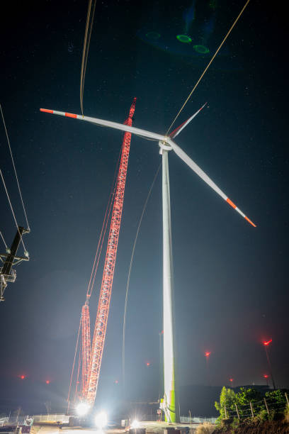 Assemble wind turbine blades at night - Eahel town, Dak Lak province, central highlands Vietnam