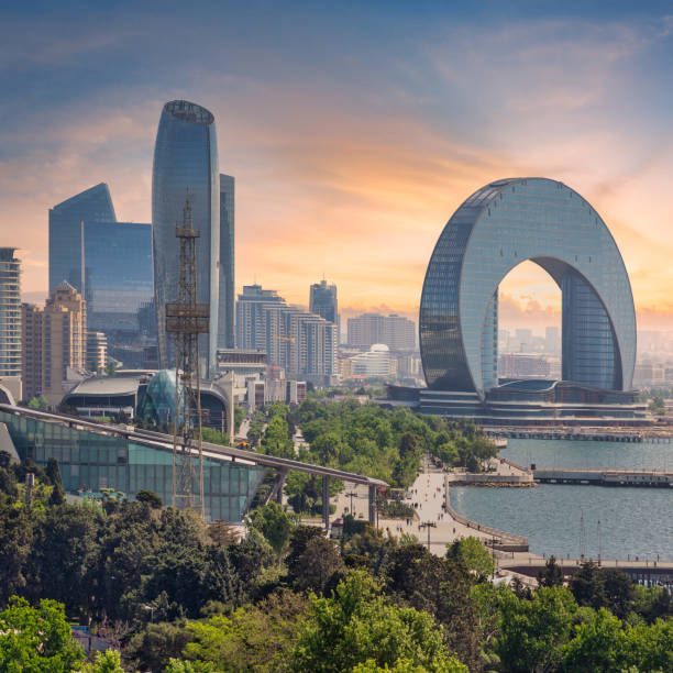 istock Azerbaijan: Baku Skyline Featuring Parachute Tower and Crescent Development Project at Sunset 2170769310