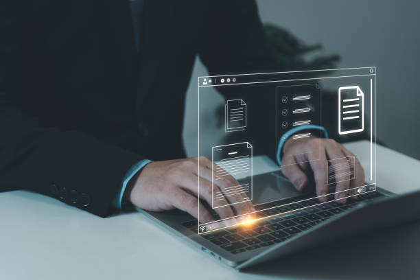 istock Document management system (DMS) concept, businessman using laptop to working on digital management at office, icon virtual screen, file online, document database, paperless operate. 2170771007
