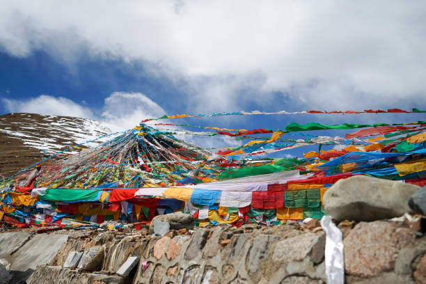 Buddhist prayer flags in Tibetan landscape