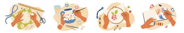 Handmade set with human hands creating crafts work Handmade set with human hands creating crafts work vector illustration. Needlework embroidery, sewing pattern, pottery and drawing hobby activity origami hand stock illustrations