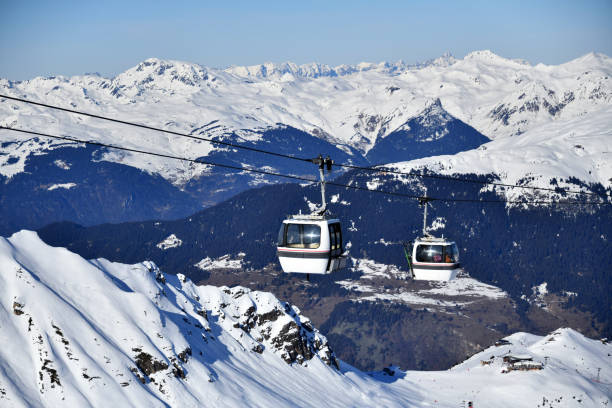 istock Vintage ski gondolas over Courchevel ski resort by winter 2170780189