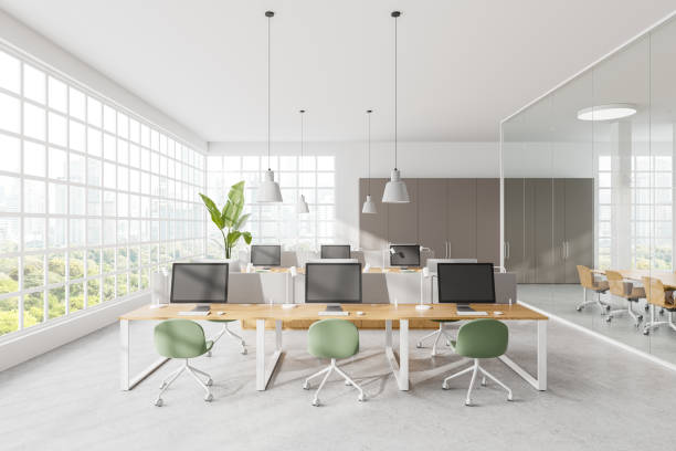 istock Modern office interior with coworking and conference room, panoramic window 2170781198