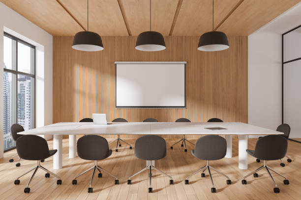 istock Office meeting room interior with blank projection screen, panoramic window 2170781219
