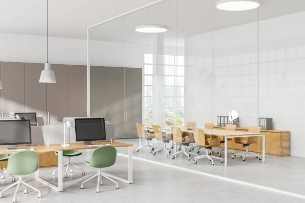 istock White office interior with coworking and conference room, panoramic window 2170781242