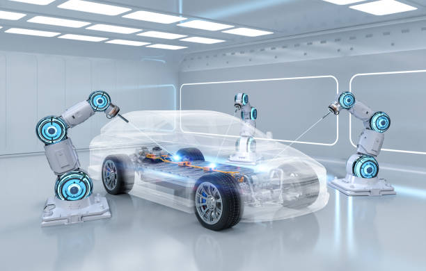 istock Robot assembly line with electric car battery cells module on platform 2170781448