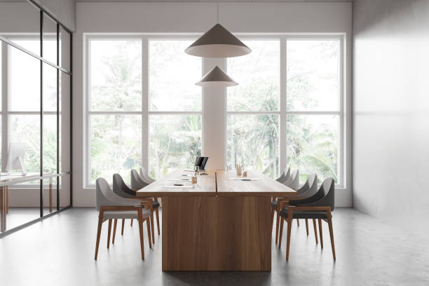 istock Modern office meeting room interior with table and seats, panoramic window 2170781517