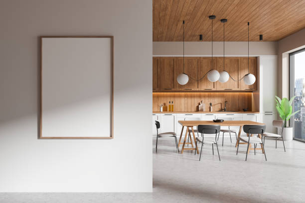 istock Home kitchen interior with dining table and cabinet, window. Mock up poster 2170781635