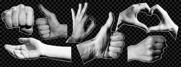 Collage halftone hands gestures. Dotted pop art style. Collage halftone hands gestures. Dotted pop art style thumb down stock illustrations