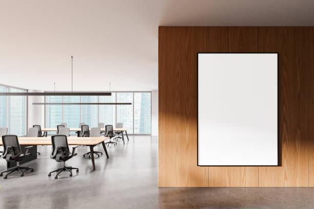 istock Modern coworking room interior with tables in row, panoramic window. Mockup frame 2170781788