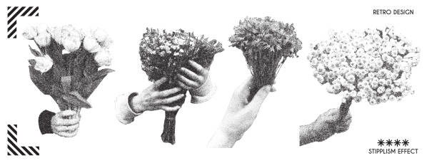 Set of human hands with bouquet of flowers with retro photocopy effect. Vector elements with grain effect