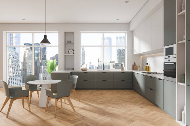 istock Modern kitchen interior with city view and dining area. 3D Rendering 2170782671