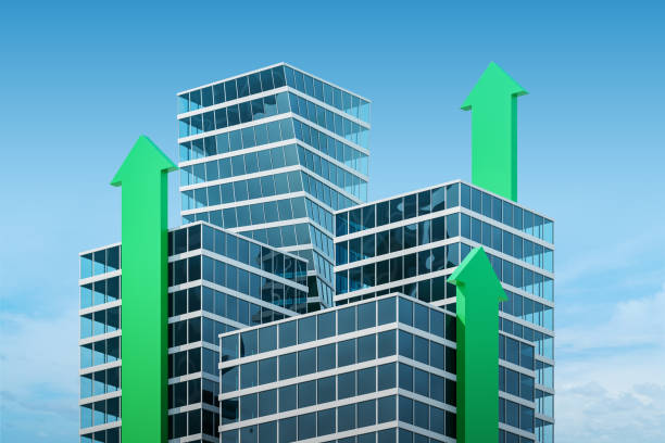 istock Modern skyscrapers with green arrows pointing upwards. 3D Rendering 2170782828