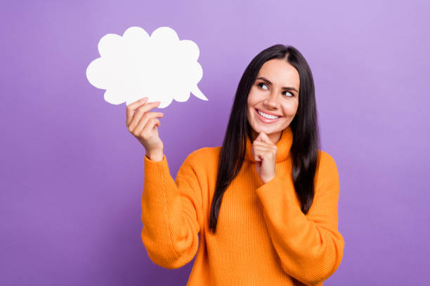istock Photo of young positive lady touch chin curious looking paper cloud genius solution problem opinion about theme isolated on violet color background 2170782972