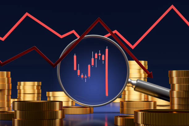 istock Magnifying Glass Analyzing Stock Market Graph Among Coins. 3D Rendering 2170783099