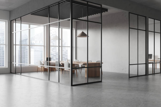 istock Glass office meeting room interior with board and chairs, panoramic window 2170783117