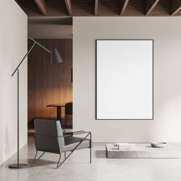 istock Light home living room interior with armchair and dining table, mockup frame 2170783137
