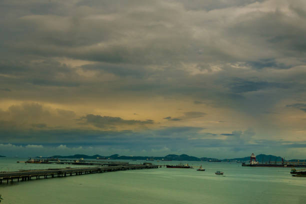 Logistic shipping quay boat Engineering crane depot at logistic export terminal control. Warehouse freight background container yard loading quayside harbor port. Logistics seascape shipping portal