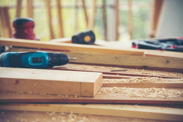 istock DIY craftsperson wood heap carpenter objects woodwork handyman desk. Architect tools with ruler measure hammer home improvement equipments. Wooden builder carpenter repairing construction workshop 2170787514