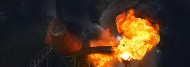 istock Banner Fire explosion flammable car fire on street smoke, hot danger flame burning effect. Fire burn car accident disaster conflagration. Burning red flame high heat inferno explode with copy space 2170787516