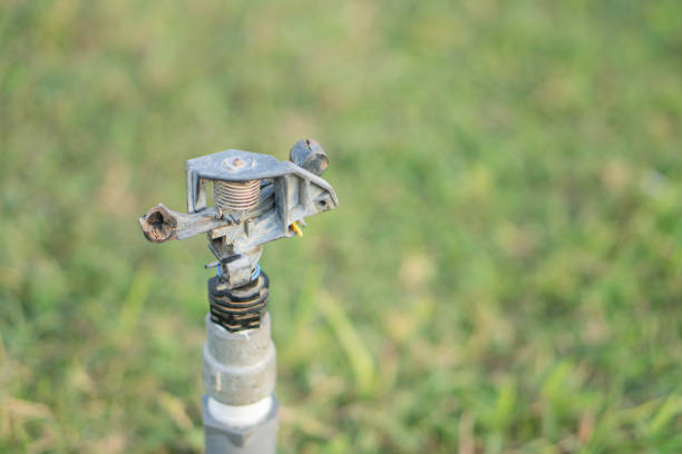 Close-up of a funny garden sprinkler with colorful flexible pipes watering grass in the garden.