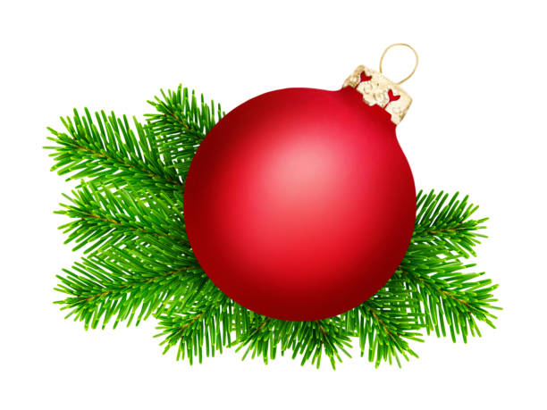 1 red Christmas ball and fir branches isolated on white background