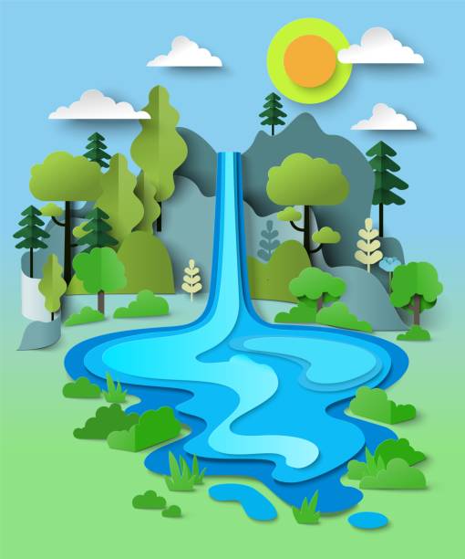 Enchanted waterfall flowing from mountain cliff landscape Enchanted waterfall flowing from mountain cliff over forest landscape papercut vector illustration. Fantasy stream, travel scenic and wild oasis panorama concept desert-oasis stock illustrations