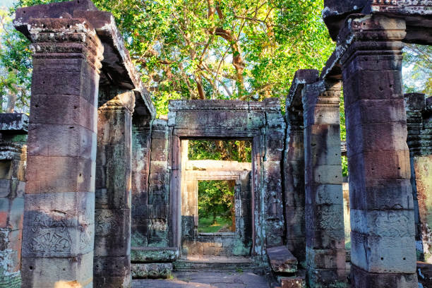Image revealing the remains of a medieval stone structure based in Cambodia.