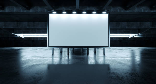istock Sci Fi Cyberpunk Futuristic Empty White Billboard Mockup Advertisement Grunge Concrete Modern Warehouse Tunnel Corridor Factory Realistic Background 3D Rendering 2170797548