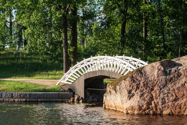 arched wooden pedestrian bridge in the park