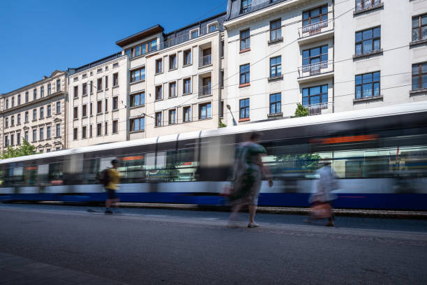 City tram in motion using long exposure