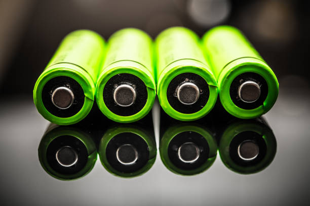 A close-up view of bright green AAA batteries showcasing advanced power cell technology, emphasizing renewable energy solutions for eco-friendly devices.