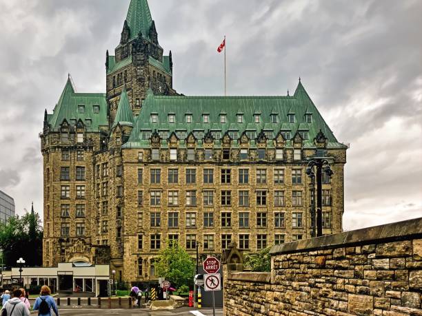 Queen Victoria statue , Parliament Hill and  Parliament buildings. Ottawa, Canada.