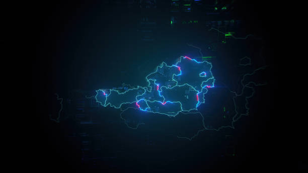 Map of Austria on dark digital background representing global communication and global finances