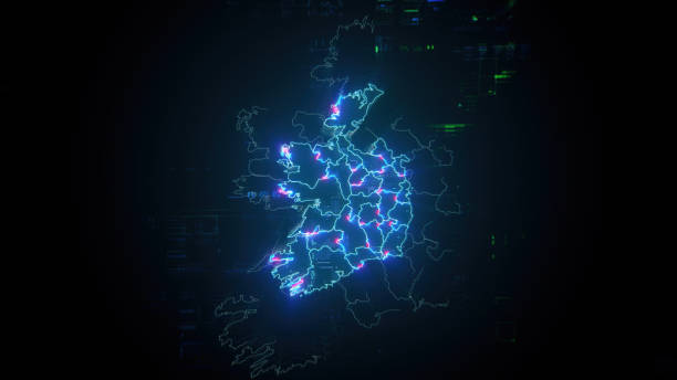 istock Map of Ireland on dark digital background representing global communication and global finances 2170816534